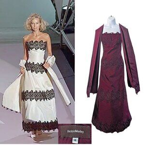 Vtg 2000 HELEN MORLEY Bordeaux Silk Blend Strapless Gown + Shawl Size 14